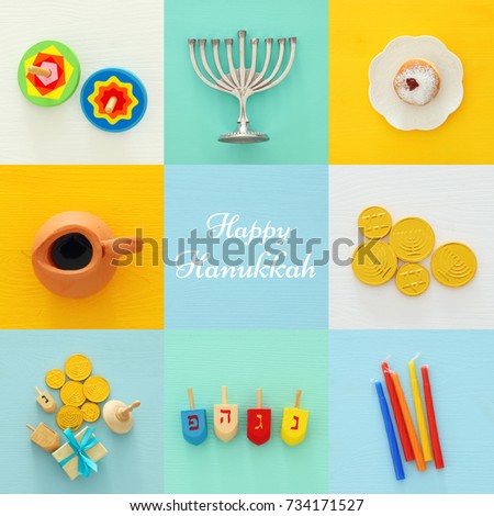jewish holiday Hanukkah collage background with traditional menorah (traditional candelabra) and doughnut.