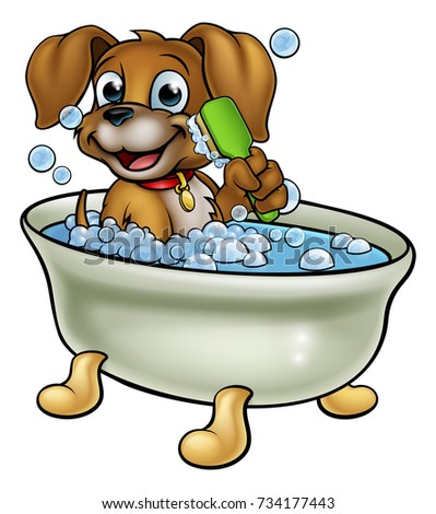 A cartoon dog having a bath with a scrubbing or grooming brush