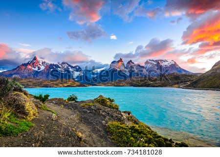 Torres del Paine over the Pehoe lake, Patagonia, Chile - Southern Patagonian Ice Field, Magellanes Region of South America Royalty-Free Stock Photo #734181028