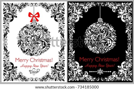 Decorative black and white greeting Christmas card with hanging floral ball and border. Variation