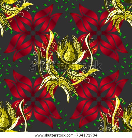 Modern flourish gray, red and yellow vector background wallpaper illustration with vintage gray, red and yellow line art tracery paisley flowers, flowery ornaments. Floral hand drawn seamless pattern.