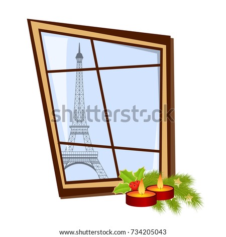 Merry Christmas card with window in Paris and Eiffel tower. Vector illustration