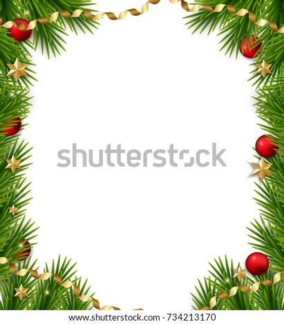 Christmas tree frame. Vector christmas template with  fir branches and decorations, balls, stars, confetti 