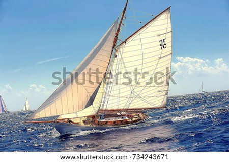 Sailboat racing in the Mediterranean. Royalty-Free Stock Photo #734243671