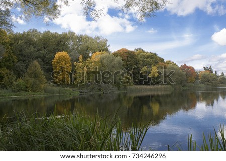 autumn reflections in the water, colorful nature  Royalty-Free Stock Photo #734246296