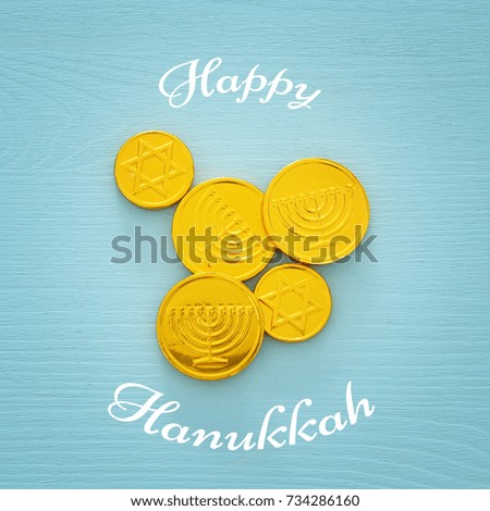 jewish holiday Hanukkah image background with traditional chocolate coins.