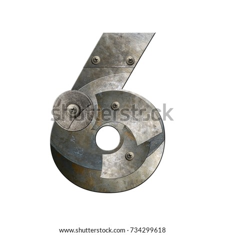 Metal alphabet. Metallic digits. Number 6. 