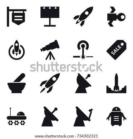 16 vector icon set : shop signboard, billboard, rocket, satellite, telescope, laser, sale label, satellite antenna