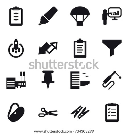 16 vector icon set : clipboard, marker, parachute, presentation, rocket, up down arrow, funnel, mall, hotel, scissors, clothespin, clipboard list