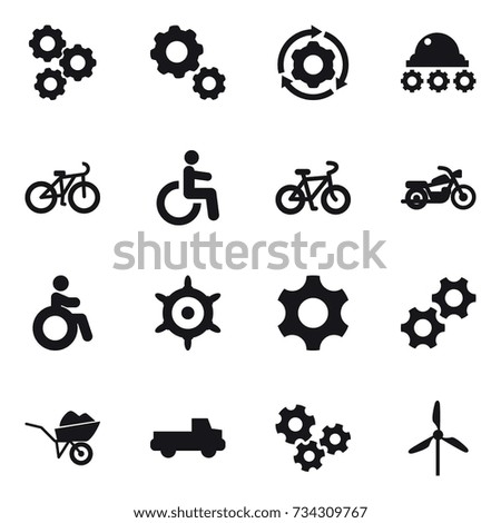 16 vector icon set : gear, around gear, lunar rover, bike, motorcycle, invalid, handwheel, wheelbarrow, pickup, gears, windmill