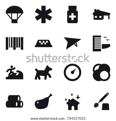 16 vector icon set : parachute, house with garage, taxi, deltaplane, hotel, surfer, dog, barometer, house cleaning, toilet brush