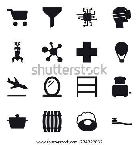 16 vector icon set : cart, funnel, chip, virtual mask, dna modify, air ballon, arrival, mirror, rack, toaster, pan, barrel, soap, tooth brush