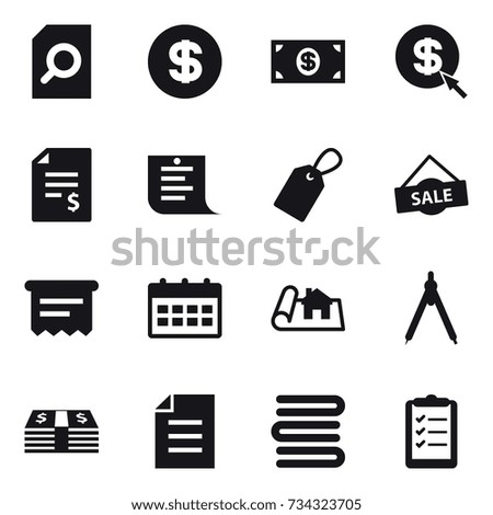 16 vector icon set : search document, dollar, money, dollar arrow, account balance, shopping list, label, sale, atm receipt, calendar, project, drawing compass, towels, clipboard list