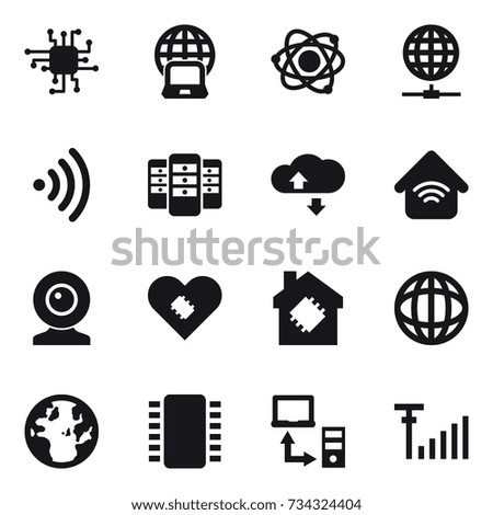 16 vector icon set : chip, notebook globe, atom, globe connect, wireless, server, cloude service, wireless home, web cam, smart house