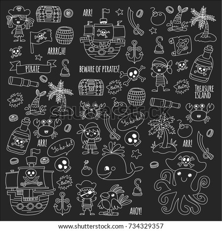 Pirate adventures Pirate party Kindergarten pirate party for children Adventure, treasure, pirates, octopus, whale, ship Kids drawing  pattern