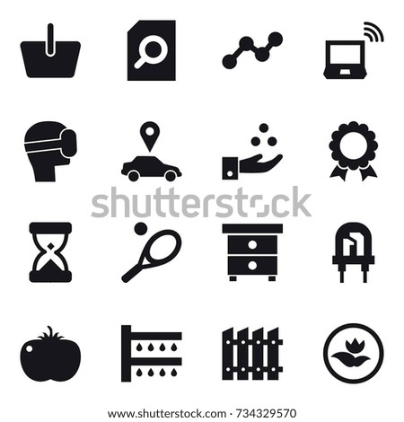 16 vector icon set : basket, search document, graph, notebook wireless, virtual mask, car pointer, chamical industry, medal, tennis, nightstand, watering, fence, ecology