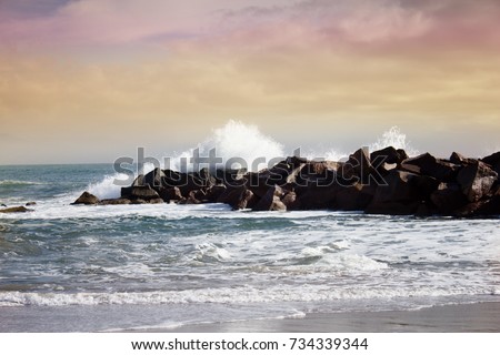 Stormy ocean waves beautiful seascape big powerful tide in action storm weather in a deep blue sea forces of nature natural disaster.ocean wave in the Pacific ocean
