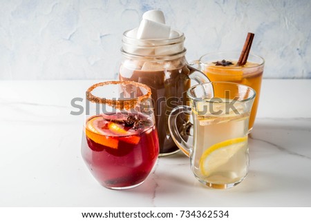 Selection of various autumn traditional drinks: hot chocolate with marshmallow, tea with lemon and ginger, white pumpkin spicy sangria, mulled wine. On white marble table, copy space, selective focus