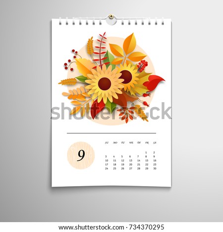 Spiral calendar with paper cut art pattern with autumn composition. Mockup for design