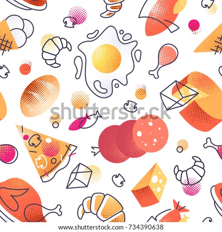 Seamless pattern with gastronomy icons, vector cuisine and fast food cafe bright background for menu, receipts. 