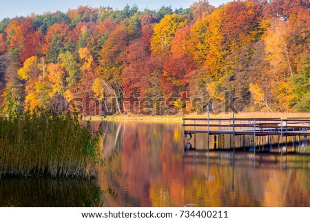 Autumn over the lake, fall trees reflected in water.