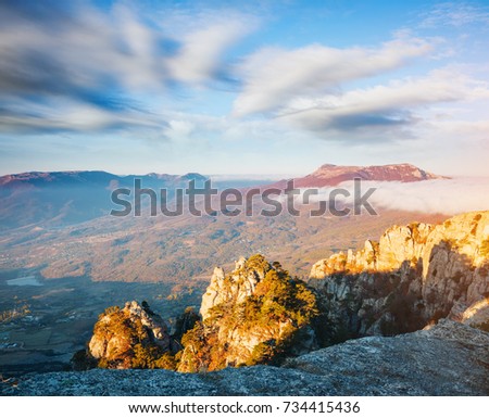Picture of a scenic canyon in morning light. Location Crimea, Crimean peninsula, Ukraine, Europe. Perfect wallpapers. Discover the beauty of earth. Great photo of wild area. Concept of active tourism