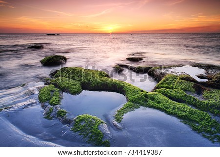 Sunset view with rocks covered by green moss at Tindakon Dazang Beach, Kudat Sabah. Famous place and most photographers to take a pictures.