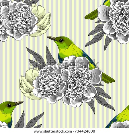 Vector seamless pattern with birds, peonies and tulip 1