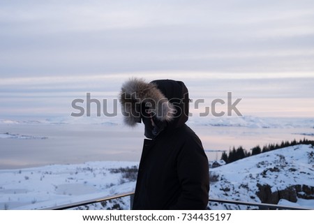 Looking off into the distance in a cold, frozen place.