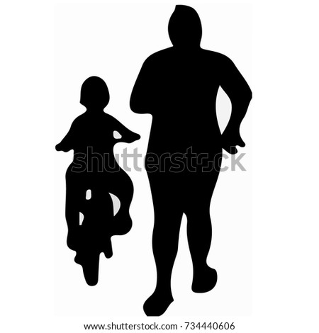 vector illustration black on white of a boy child riding bike with an adult mum running along side