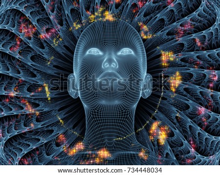 Radiating Mind series. 3D rendering of wire-mesh model of human head and fractal pattern for use with projects on human mind, artificial intelligence and virtual reality