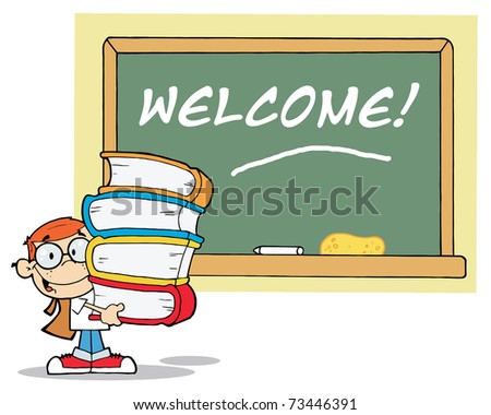 Student With Books In Front Of School Chalk Board With Text Welcome!