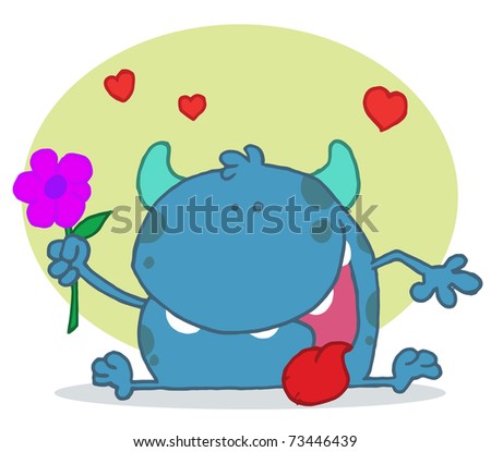 Happy Blue Monster Holding A Yellow Flower