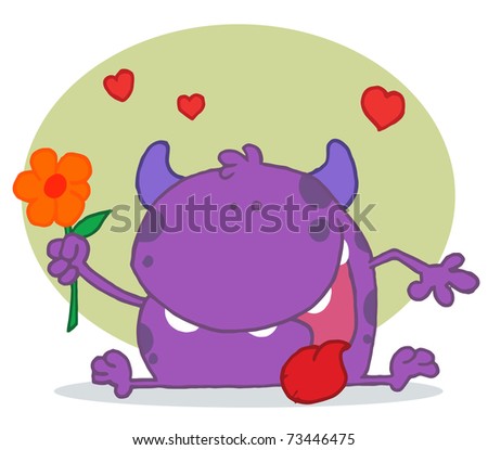 Happy Purple Monster Holding A Yellow Flower