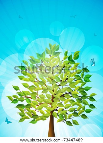 lush green tree on a blue sky background with birds and butterflies