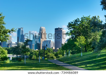  Downtown  Minneapolis from West river park Royalty-Free Stock Photo #734486089