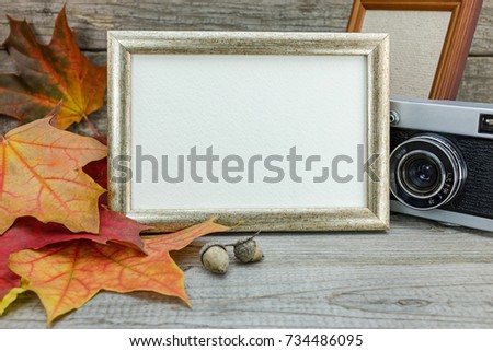 old retro camera and empty photo frames on grunge wooden background with red and orange maple leaves