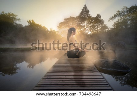 woman practice yoga in natural source of hot spring, replenish health with mind working together in balance living