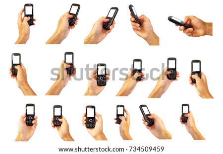 Hand Collection in gestures of holding Old model mobile with pressing button.