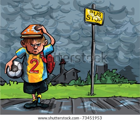 Cartoon of schoolboy caught in the rain. He is waiting for the school bus