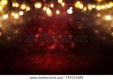 Red glitter vintage lights background. defocused. Royalty-Free Stock Photo #734531689