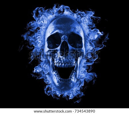 Skull in blue fire wallpaper 3d rendering 