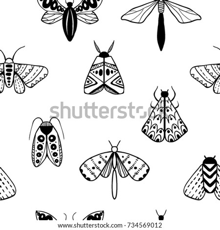 Hand drawn doodle moth vector seamless pattern. Background with beautiful butterflies. Black and white illustration. Coloring page
