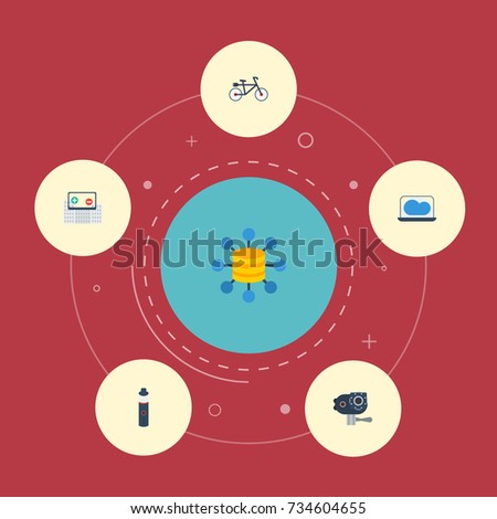 Flat Icons Laptop, Camera, Technology And Other Vector Elements. Set Of Trendy Flat Icons Symbols Also Includes Augmented, Cloud, Bicycle Objects.