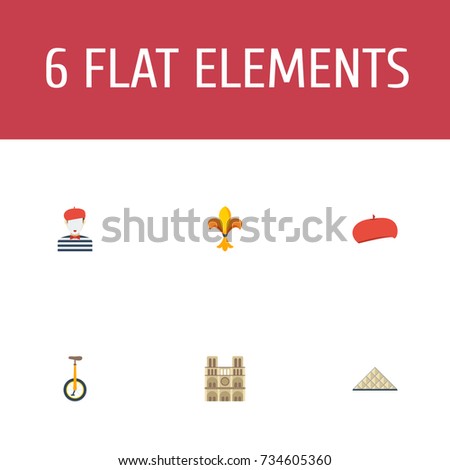 Flat Icons Cap, Pantomime, Cathedral And Other Vector Elements. Set Of France Flat Icons Symbols Also Includes Museum, De, Cathedral Objects.