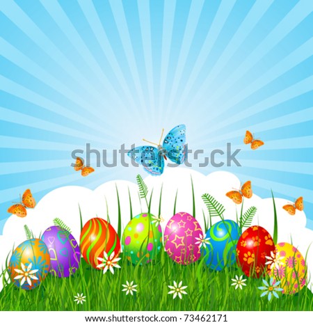 Radial Easter place card  with eggs in grass