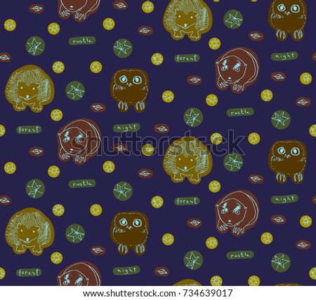 Animal vector seamless pattern.  Sketch style background. Doodle image of hedgehogs, owls and beavers on blue.