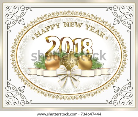Postcard Happy New Year 2018 with balls and ribbon with bow in frame with ornament. Vector illustration
