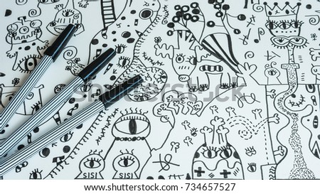 The black and white drawing of creative conceptual art with three chemical pen for background. Illustration Designation