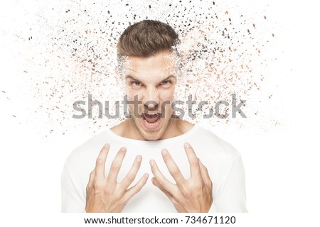 Depressive man dissolving his face into pieces, with pixel dispersion effect isolated white background 
